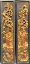 A pair of 19th century Japanese carved and lacquered panels, as Elders holding offerings above crane