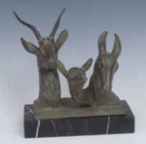 Art Deco School (mid-20th century), a verdigris patinated bronze, Three Deer, rectangular marble