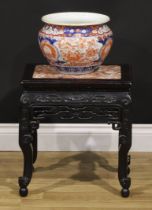 A Chinese hardwood waisted fangdeng or jardiniere stand, rectangular top with inset marble panel,
