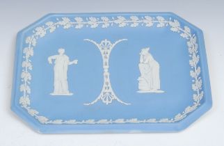 A Wedgwood jasperware canted rectangular tray, sprigged in white in the Neo-Classical taste, 28cm