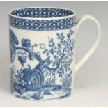 A Caughley Parrot Pecking Fruit pattern mug, decorated in underglaze blue, cell border, 8cm high,