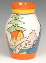 A Wedgwood reproduction Clarice Cliff Bizarre Orange Roof Cottage pattern Isis Vase, hand painted