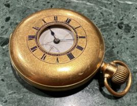 An 18ct gold half hunter cased pocket watch, Chester 1923, white enamel dial, /roman numerals,