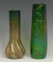 A Loetz type tapering cylindrical iridescent green crackle glass vase, 27cm; another similar, of