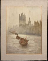 Edward Brewer Tug and Barges by Westminster, Thames River, signed, watercolour, 64.5cm x 47.5cm.