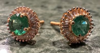 A pair of Iliana emerald and diamond earrings, each with central round cut mid green emerald, approx