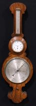 A Victorian walnut combination wheel barometer, timepiece and thermometer, 10cm clock dial inscribed