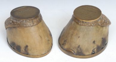 Horse Racing - a pair of Victorian country house taxidermy horse hoof inkwells, each hinged cover