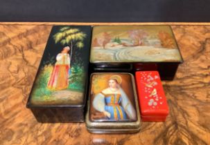 A Russian lacquer rounded rectangular box, painted by Romanova (Fedoskino School), with a portrait