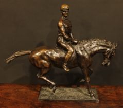 Antoine-Louis Barye, after, a dark patinated animalier bronze, horse and jockey, 48.5cm high, 55cm