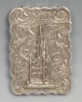 A Victorian silver shaped rectangular castle top card case, embossed with a view of the Scott