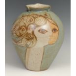 A contemporary studio pottery ovoid vase, by Alan Brough, Cornish potter, decorated with a stylised