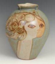 A contemporary studio pottery ovoid vase, by Alan Brough, Cornish potter, decorated with a stylised