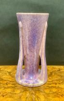 An Ashby Guild tri-handled flared cylindrical vase, purple and pink mottled glaze, 24cm high,