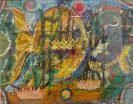 Bidgood (20th century) abstract composition, fish and lotus mixed media, signed, dated 7/4/75,