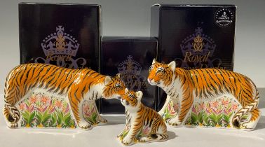 A Royal Crown Derby paperweight family group, Sumatran Tiger Family, comprising of Tiger and