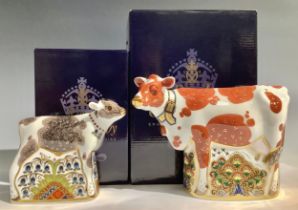 A Royal Crown Derby paperweight, Daisy Cow, gold stopper, 21cm long, printed mark in red, boxed;
