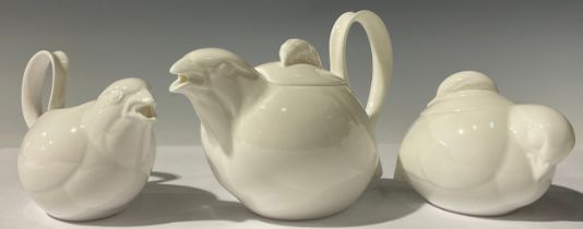 A Royal Crown Derby three piece Quail shape tea service, glazed throughout in gloss white,