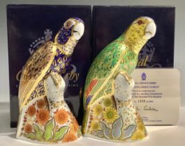 A Royal Crown Derby paperweight, Amazon Green Parrot, limited edition 1,328/2,500, gold stopper,