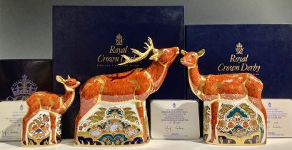 A Royal Crown Derby paperweight family group, Connaught House special commission, The Sherwood Stag,