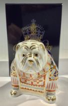 A Royal Crown Derby paperweight, Bulldog, 8.5cm, gold stopper, printed mark in red, boxed