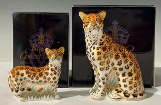 A pair of Royal Crown Derby paperweights, Leopardess, 13cm and Leopard Cub, 8cm, each being part