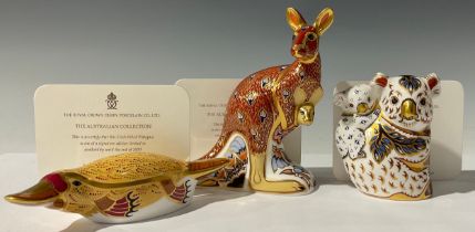 A set of three Royal Crown Derby paperweights, The Australian Collection, Kangaroo and Joey, 15cm