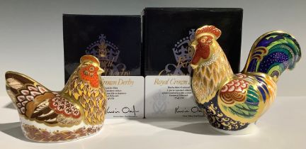 A pair of Royal Crown Derby paperweights, Derbyshire Cockerel and Derbyshire Hen, exclusive to