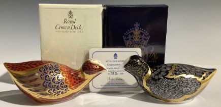 A Royal Crown Derby paperweight, Chatsworth Coot, limited edition 313/1,000, gold stopper, 14cm