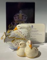 A pair of Royal Crown Derby paperweights, Goose "Mrs Brown" and Goslings, Designer's Choice