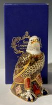 A Royal Crown Derby paperweight, Bald Eagle, gold stopper, 17.5cm, printed mark in red, boxed