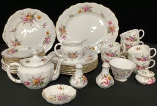 A Royal Crown Derby Posies pattern bachelor's teapot, milk and sugar, cups and saucers, three