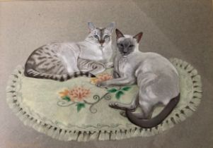 20th century, Kristen Rosenberg Two Cats Seated on Embroidered Cushion signed, watercolour, 24cm x