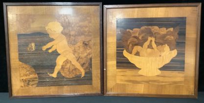 W.Theobald, marquetry panel Child chasing butterfly Signed, 46cm x 46cm; another, similar (2)