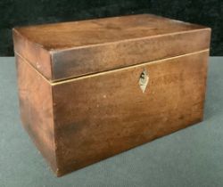 A George III mahogany rectangular tea caddy, hinged cover enclosing a pair of lidded compartments,