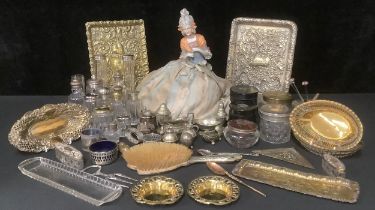 A collection of Victorian and Edwardian dressing table bottles and jars; dressing table trays; an