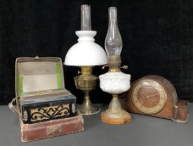 A Victorian oil lamp, moulded milk glass font, brass support, octagonal oak base; a Smiths Enfield