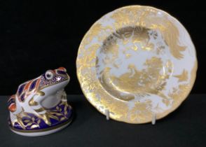 A Royal Crown Derby paperweight, frog, moulded stopper, first quality; a Gold Aves pattern side