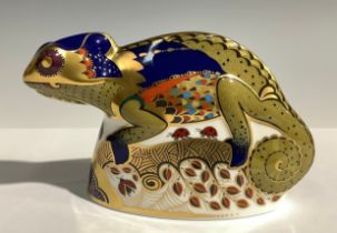 A Royal Crown Derby paperweight, Chameleon, 9cm high, gold stopper and red printed marks and stamp