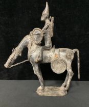 A Benin bronze horse rider figure, 33cm, 20th century