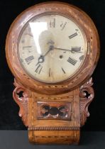 A 19th century mahogany drop dial wall clock, marquetry inlaid case, Roman numerals on cream dial,