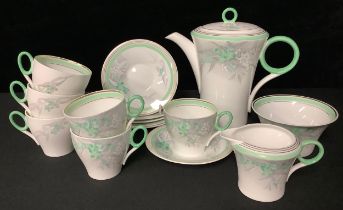 A Shelley coffee service for six, green and white blossoms comprising teapot, sugar bowl, milk