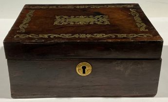 A Regency rosewood brass inlaid workbox, 10cm high, 23cm wide