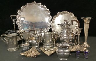 A silver plated four piece coffee and tea service; a large footed tray with employment recognition