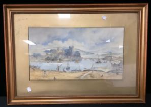 J Ford (1880) Busy Estuary Scene with Shipping signed, watercolour, 29cm x 52.5cm