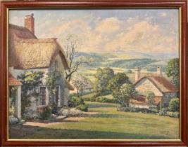 Donald Greig (1916 - 2009) Thatched Cottages in a Summer Landscape signed, oil on board, 50cm x 65cm