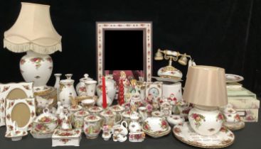 A Royal Albert Old Country Roses pattern telephone, two lamps, two picture frames, selection of