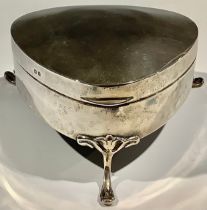 A George V silver teardrop shaped box, hinged cover, outswept scroll feet, in the Art Nouveau