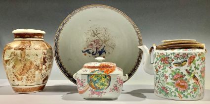 A Chinese famille rose tea or wine kettle, decorated in polychrome enamels, with fanciful birds