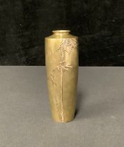 A Japanese bronze shouldered vase, of slender form, applied with silver coloured metal stylised